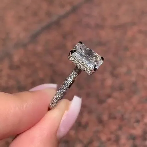 Handmade Radiant Cut Under Halo With 3D Band Sterling Silver Ring