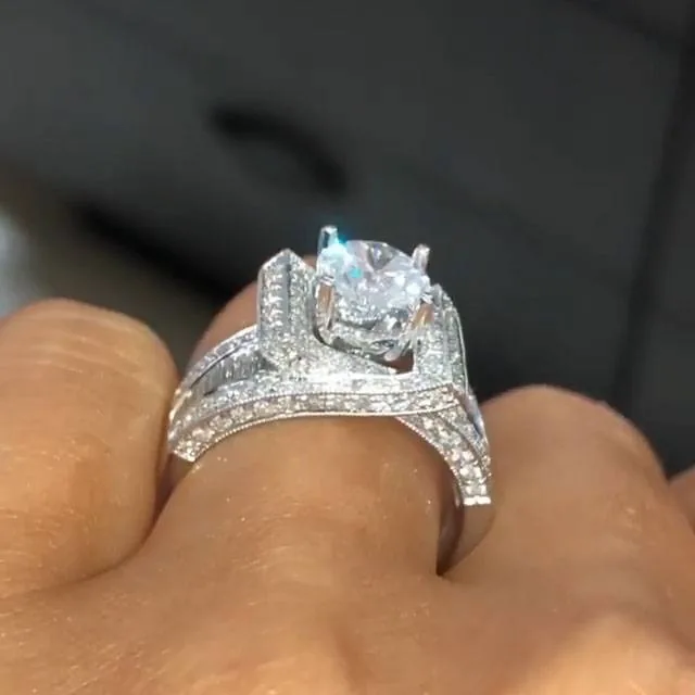 Handmade Cross Setting Round Cut Sterling Silver Engagement Ring