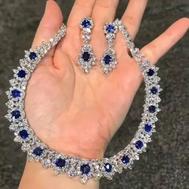 Handmade Stunning Diamond & Sapphire Necklace with Matching Earrings
