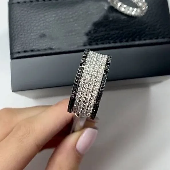 Handmade Men's Black&White Diamond Paved Sterling Silver Band