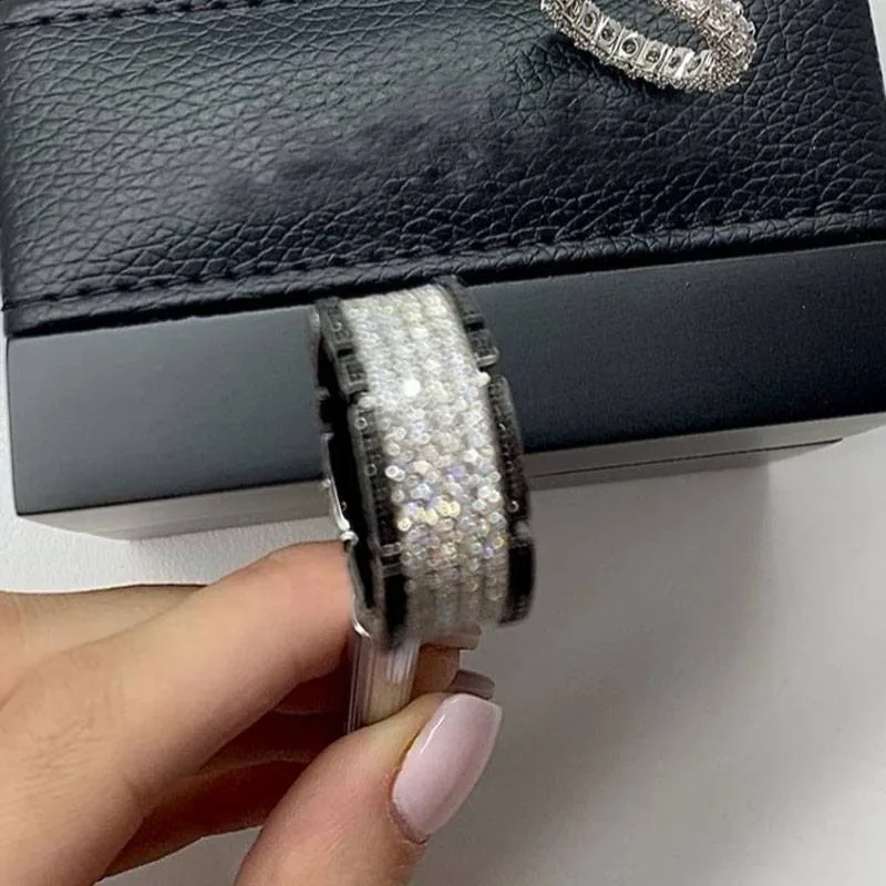 Handmade Men's Black&White Diamond Paved Sterling Silver Band