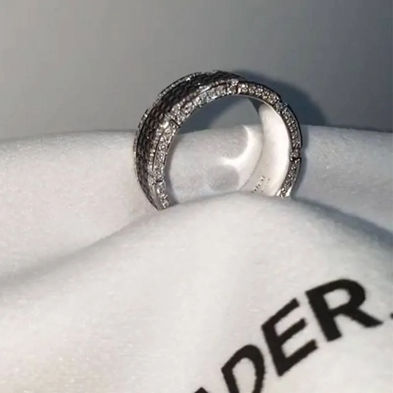 Handmade Men's Black&White Diamond Paved Sterling Silver Band