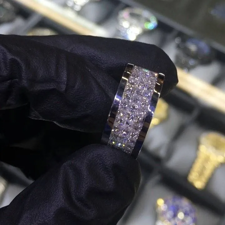 Handmade Men 3-Row Iced Out Princess Cut Eternity Band Ring