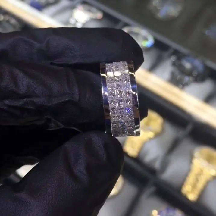 Handmade Men 3-Row Iced Out Princess Cut Eternity Band Ring