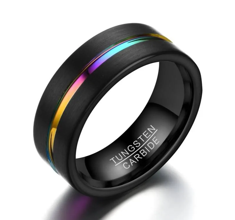 8mm Black Tungsten with 7-Coloful Fashion Men's Ring Band