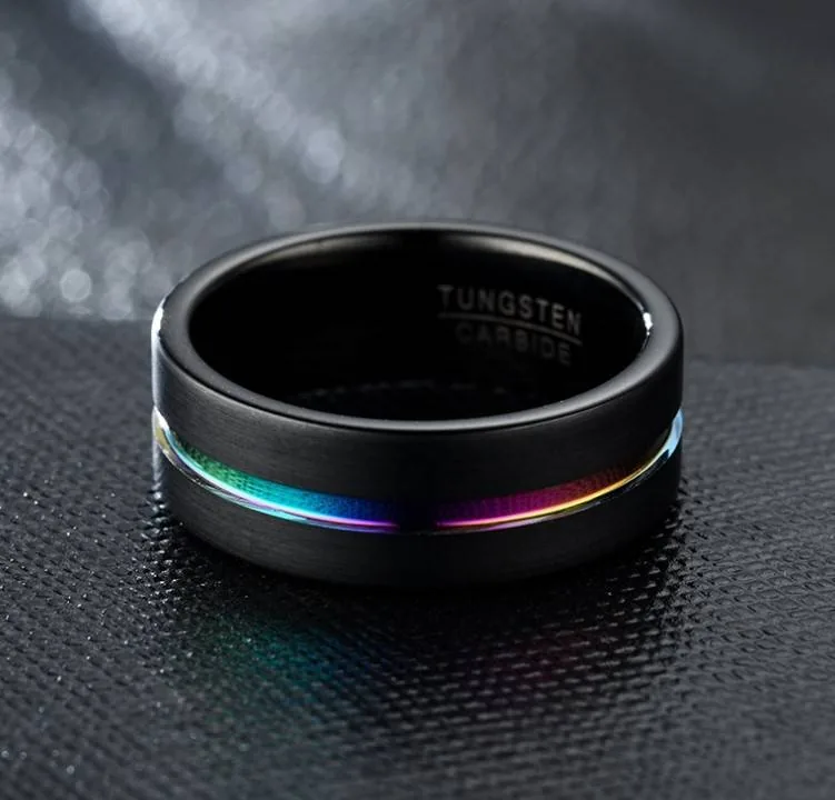 8mm Black Tungsten with 7-Coloful Fashion Men's Ring Band