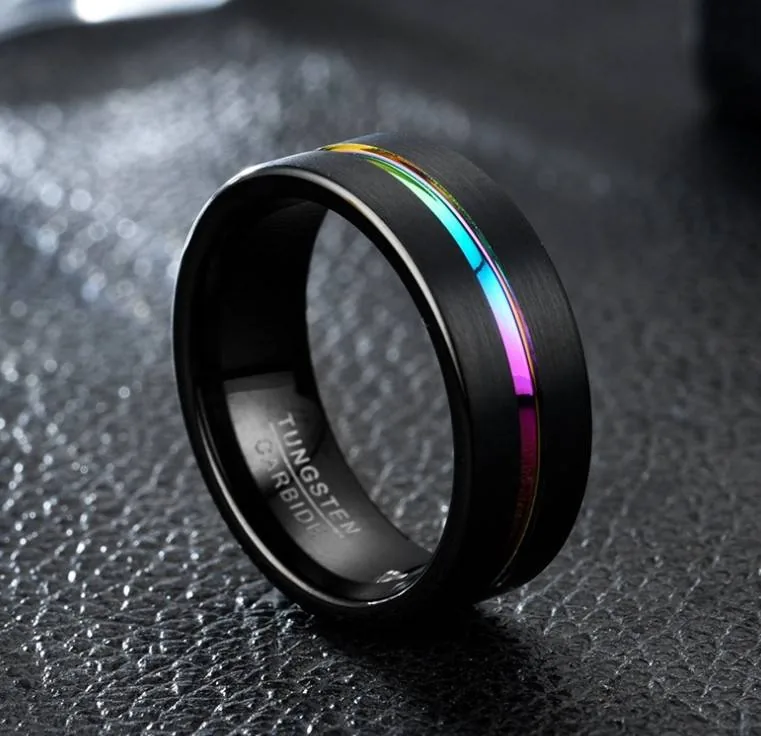 8mm Black Tungsten with 7-Coloful Fashion Men's Ring Band