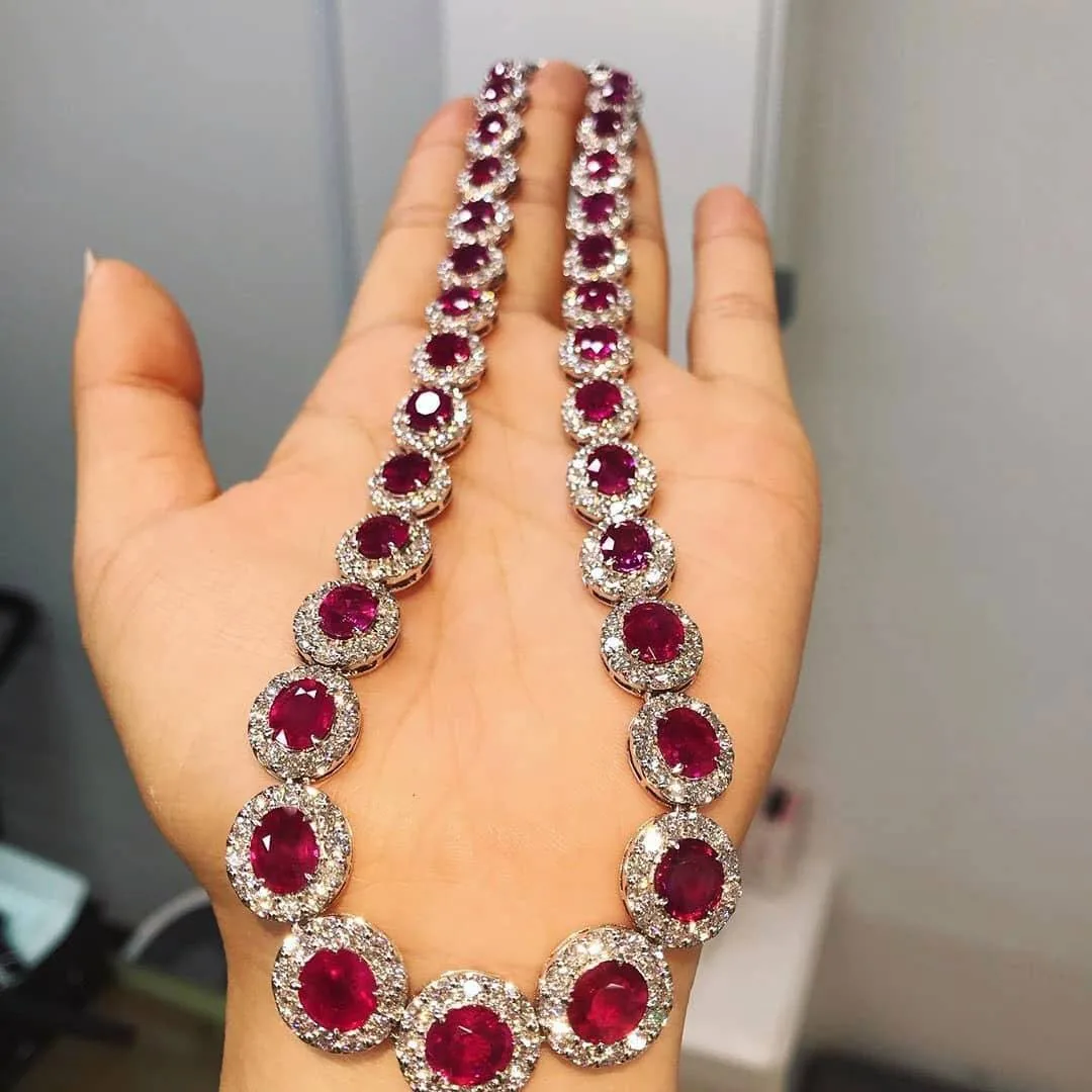 Handmade Stunning Diamond and Halo Oval Ruby Necklace