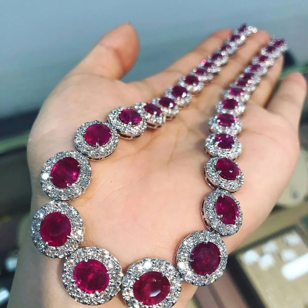 Handmade Stunning Diamond and Halo Oval Ruby Necklace