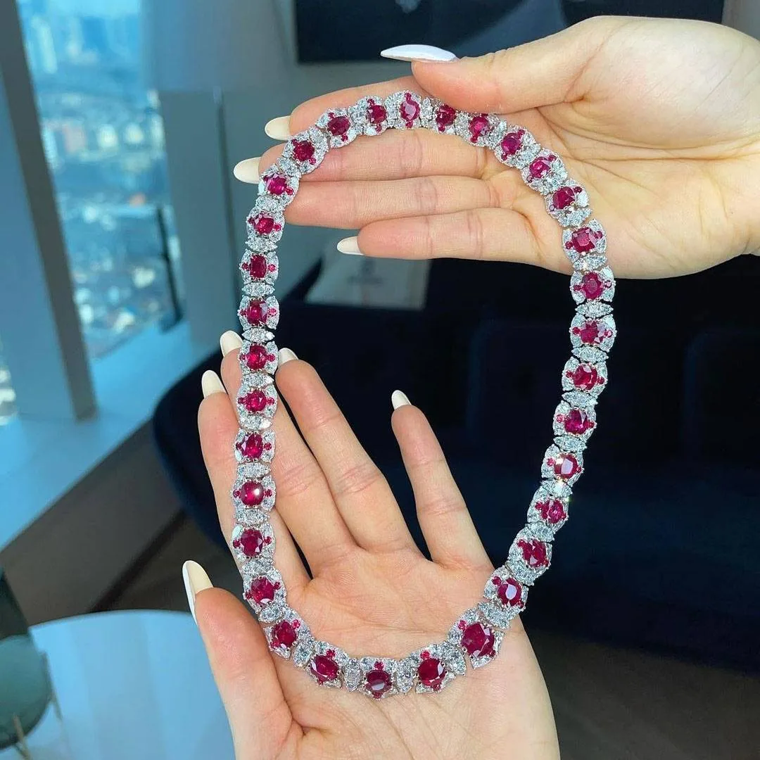 Handmade Stunning Halo Oval Ruby Necklace