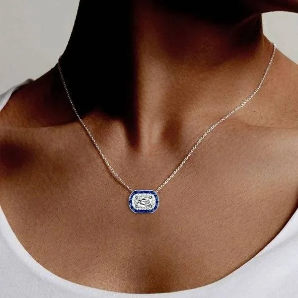 Handmade Halo Cushion Cut Sapphire Pendant Necklace