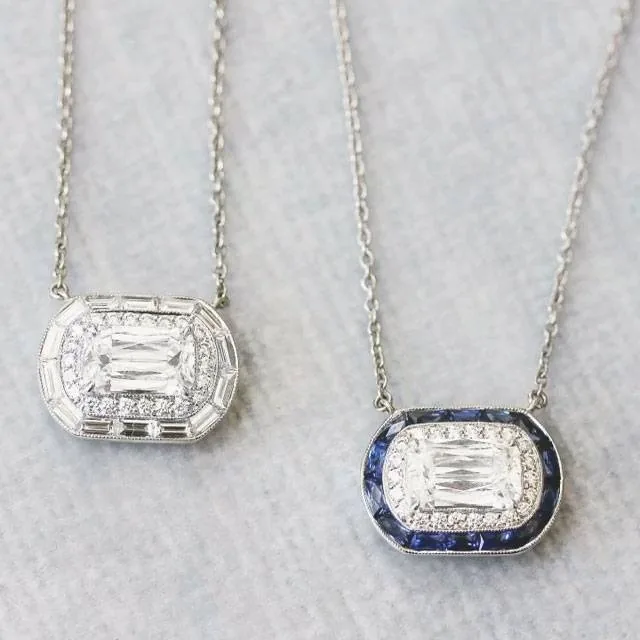 Handmade Halo Cushion Cut Sapphire Pendant Necklace