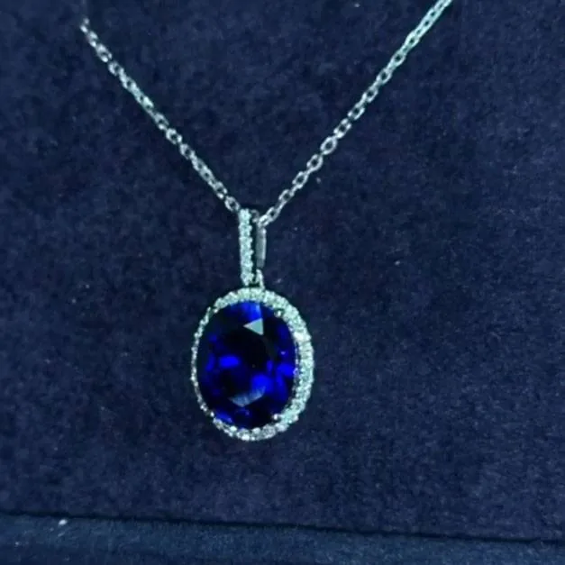 Handmade 5CT Halo Blue Sapphire Pendant
