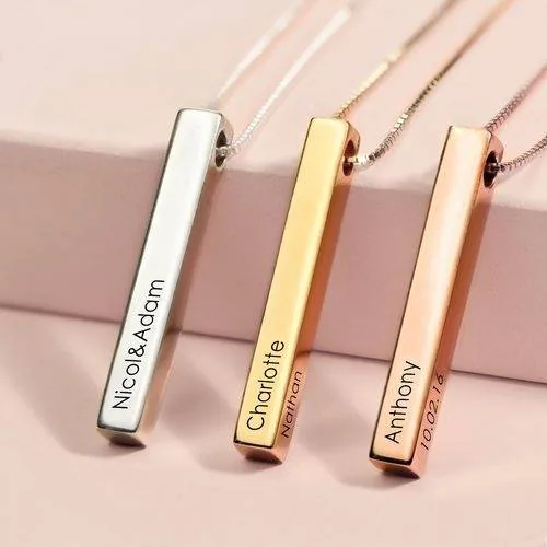 Handmade Engraved 3D Bar Sterling Silver Necklace