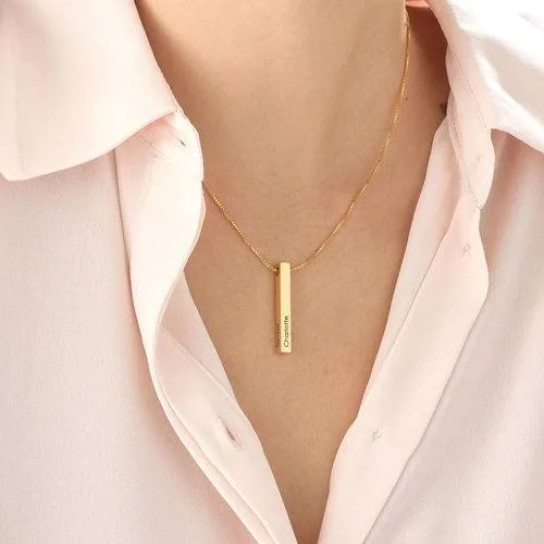 Handmade Engraved 3D Bar Sterling Silver Necklace