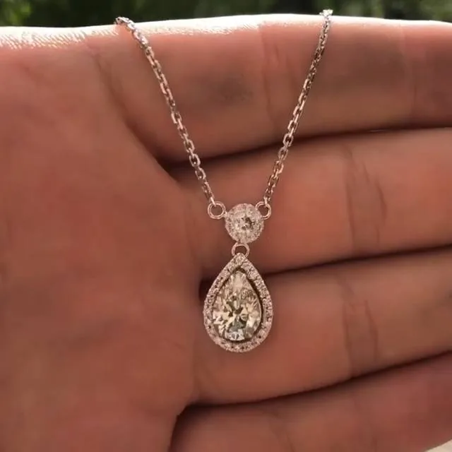 Handmade 3.0 ct.tw Halo Pear Cut Pendent Necklace