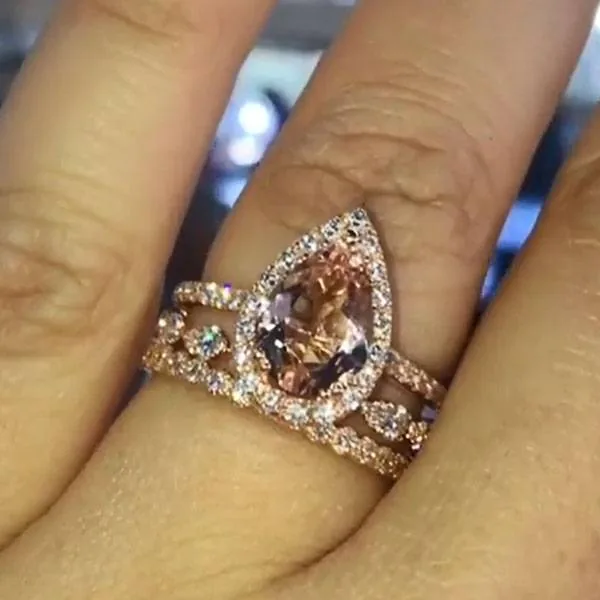 Handmade 2 Ct Pear Cut Rose Gold Ring Set With 2 Bands