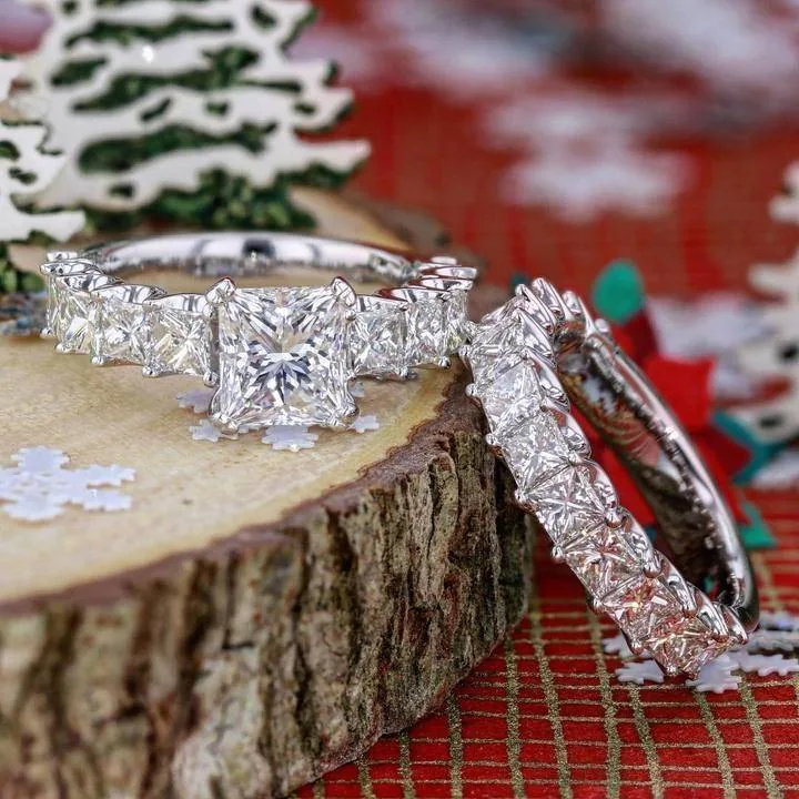 Handmade 2 Ct Princess Cut With Princess Cut U-Prong Ring Set