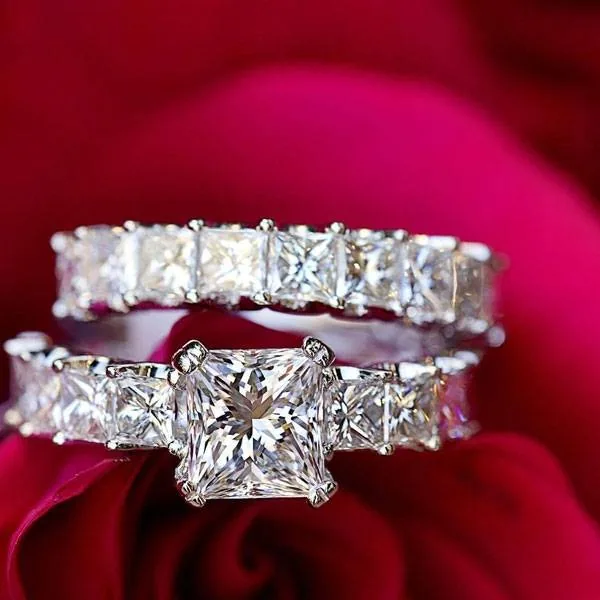 Handmade 2 Ct Princess Cut With Princess Cut U-Prong Ring Set