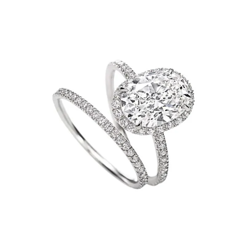 Handmade 3 Ct Halo Oval Cut Sterling Silver Ring Set