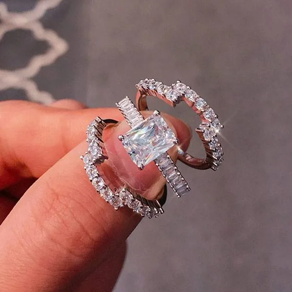 Handmade 3 Ct Radiant Cut 3PC Wedding Ring Set With 2 Bands