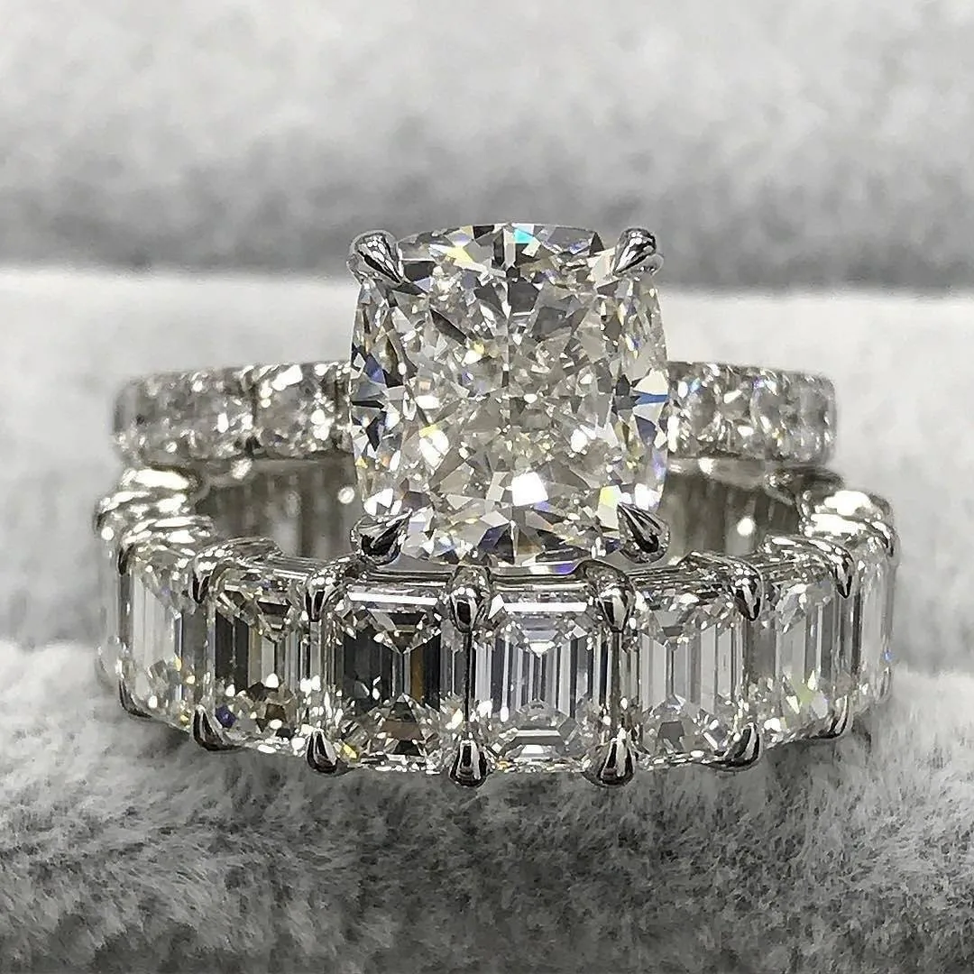 Handmade Cushion Cut 925 Sterling Silver Ring Set