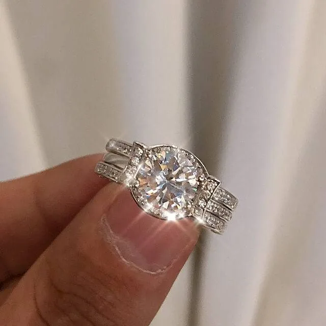 Handmade 1.5 ct Round Cut 925 Sterling Silver Ring Set