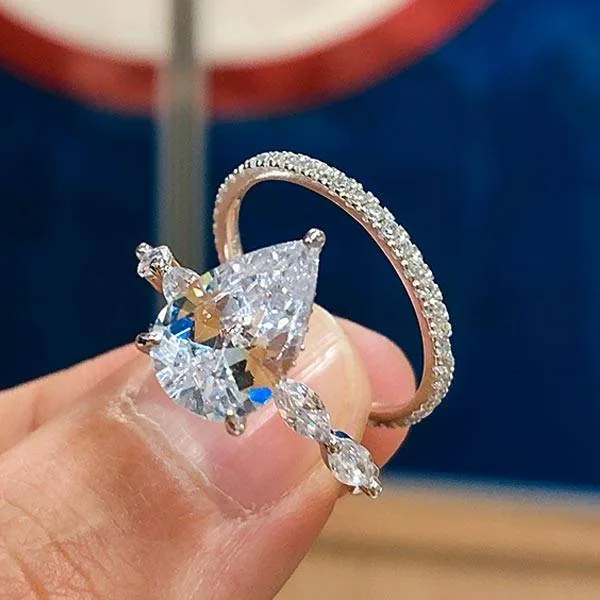 Handmade 4 Ct Pear Cut Sterling Silver Ring Set