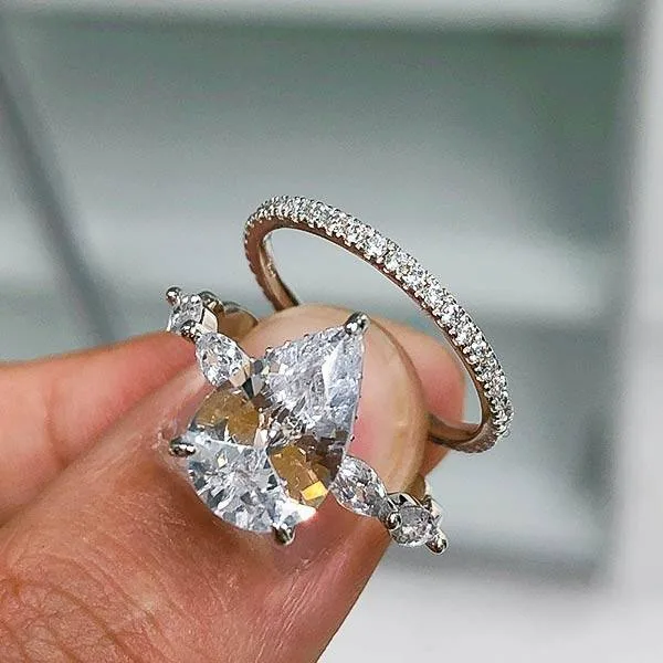 Handmade 4 Ct Pear Cut Sterling Silver Ring Set