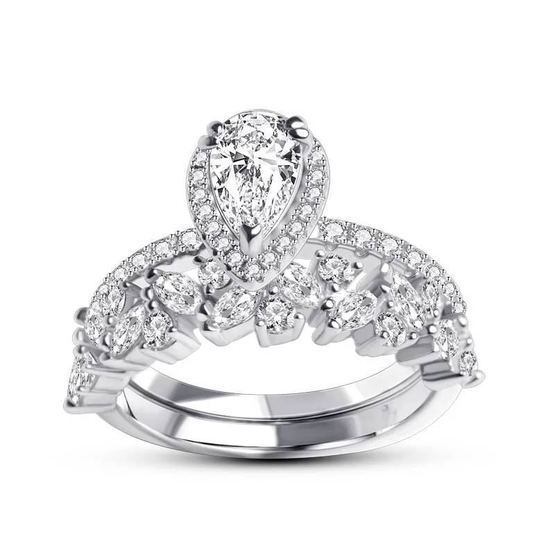 Handmade 1.5 CT Pear Cut Sterling Silver Ring Set