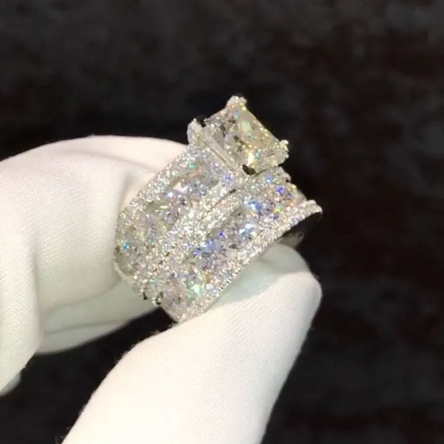 Handmade 3CT Princess Cut Ring With Round Briliiant Pave Set Diamond Band