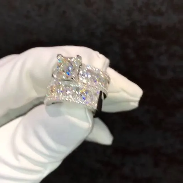 Handmade 3CT Princess Cut Ring With Round Briliiant Pave Set Diamond Band