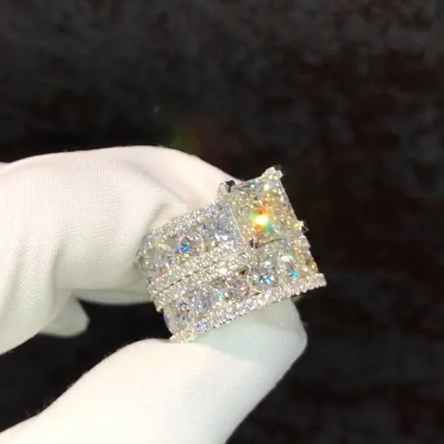 Handmade 3CT Princess Cut Ring With Round Briliiant Pave Set Diamond Band
