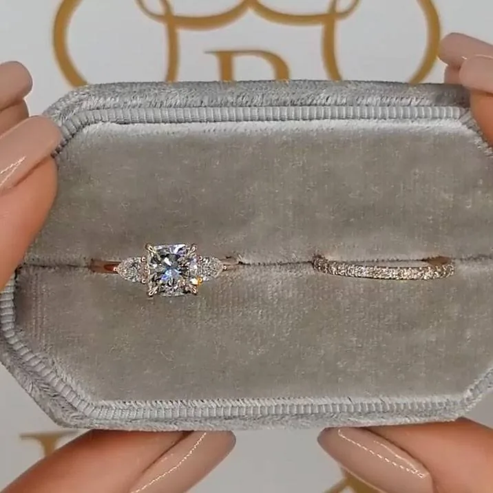 Handmade 1.3 ct Rose Gold Cushion Cut with 2 Pear Shape Sidestones Engagement Ring