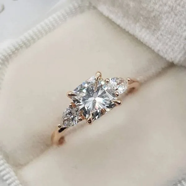 Handmade 1.3 ct Rose Gold Cushion Cut with 2 Pear Shape Sidestones Engagement Ring