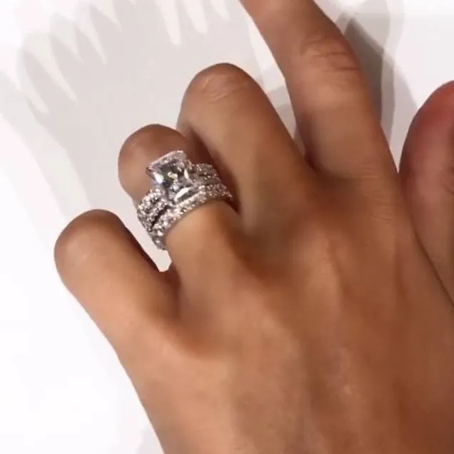 Handmade 4CT Radiant Cut Ring with 2pcs Eternity Band