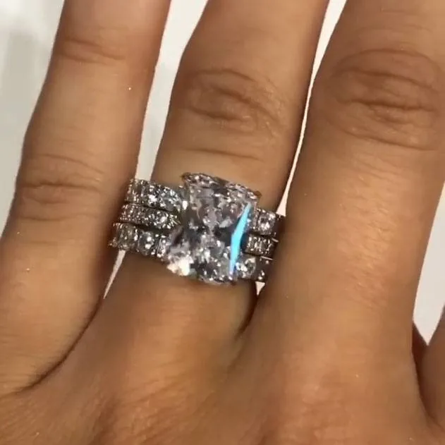 Handmade 4CT Radiant Cut Ring with 2pcs Eternity Band