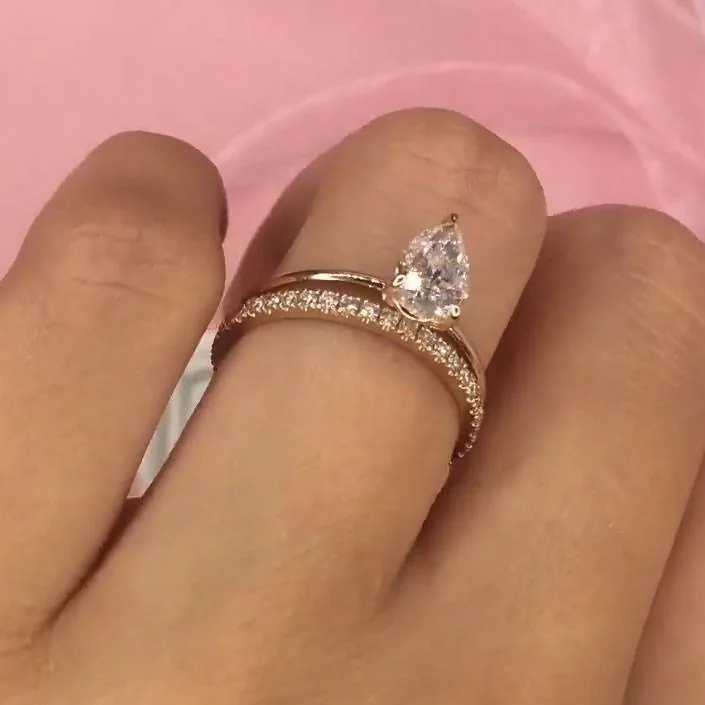 Handmade 2CT Pear Cut solitaire Ring with an Half Eternity Band