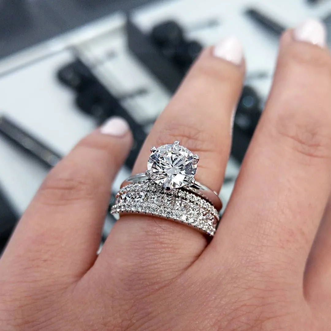 Handmade 2CT Round Brilliant Diamond Solitaire Engagement Ring with Princess Cut Wide Eternity Band