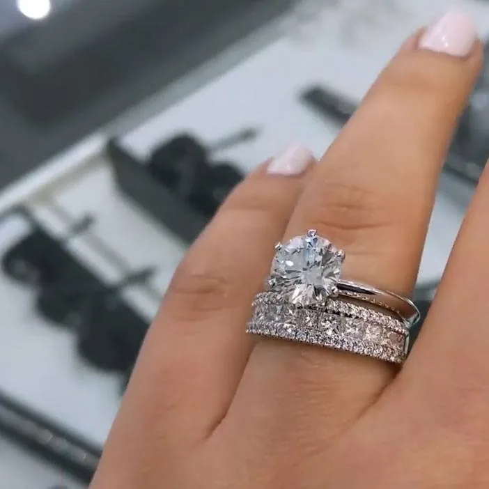 Handmade 2CT Round Brilliant Diamond Solitaire Engagement Ring with Princess Cut Wide Eternity Band