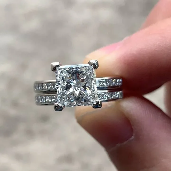 Handmade 1.5 CT Princess Cut Lab-created Gemstone Ring Set in Sterling Silver