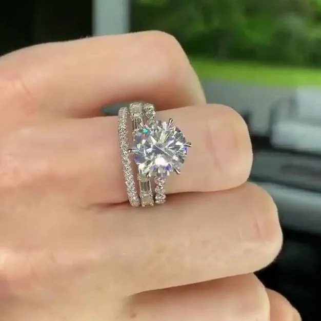 Handmade 2CT Round Cut White Sapphire Sterling Silver 3-Piece Bridal Sets