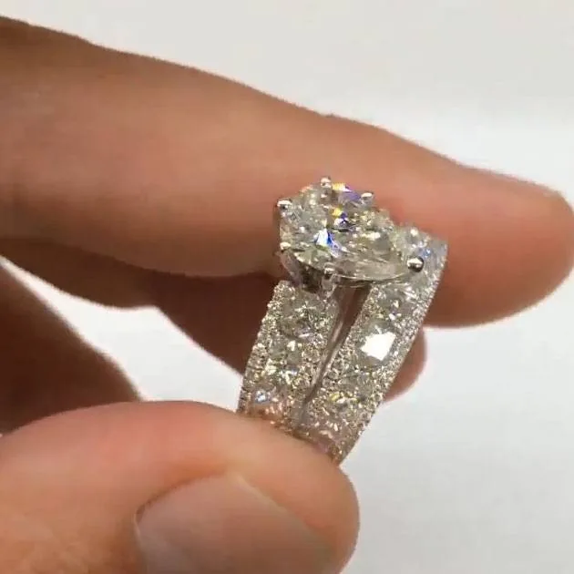 Handmade 1.5CT Pear Cut Engagement Ring With Princess Stone Eternity Band