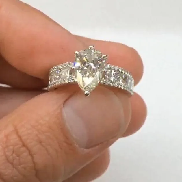 Handmade 1.5CT Pear Cut Engagement Ring With Princess Stone Eternity Band