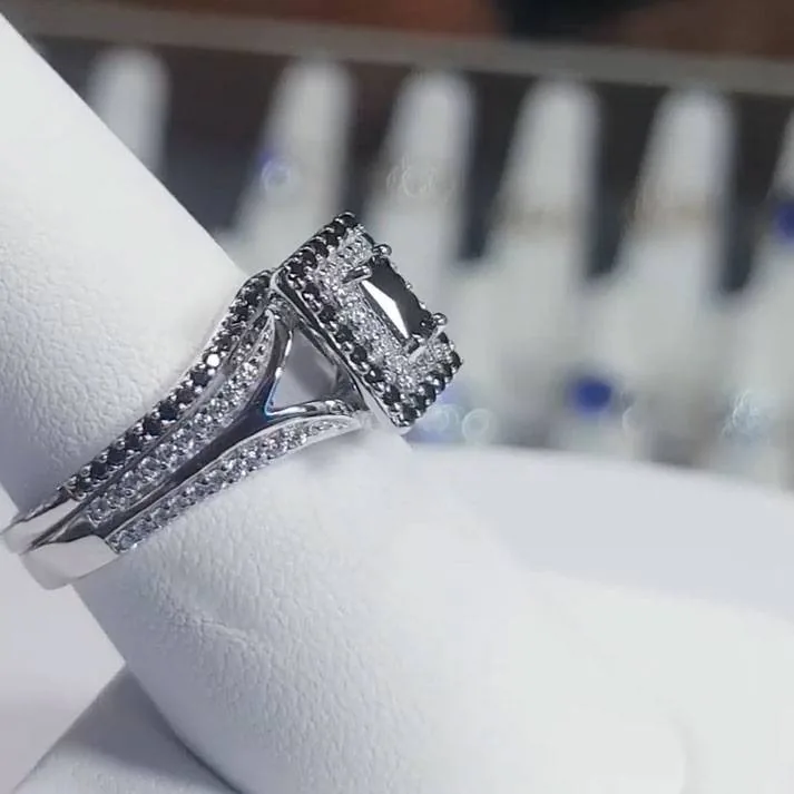 Handmade 2PCS Black Sapphire Wedding Set