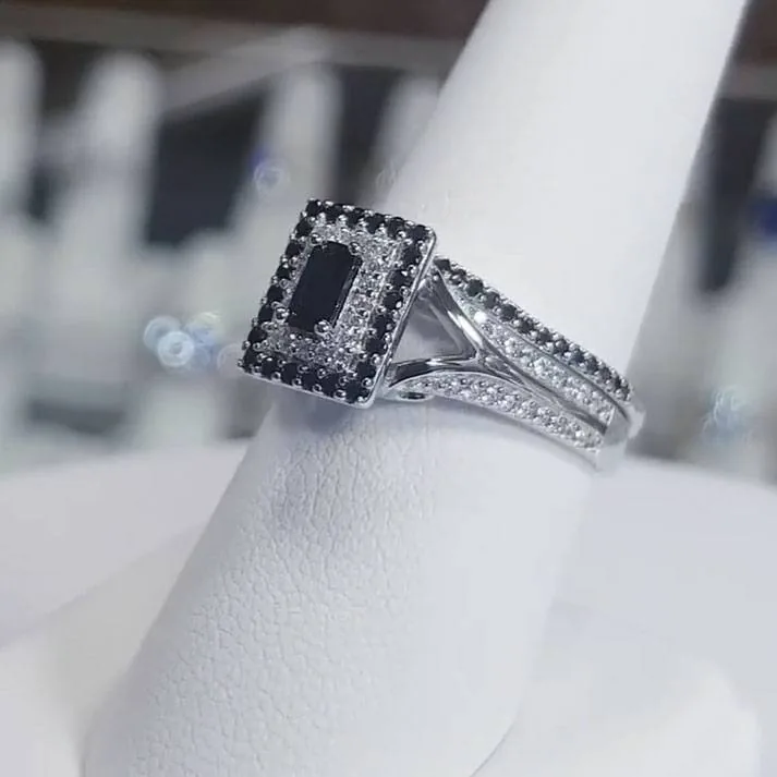 Handmade 2PCS Black Sapphire Wedding Set
