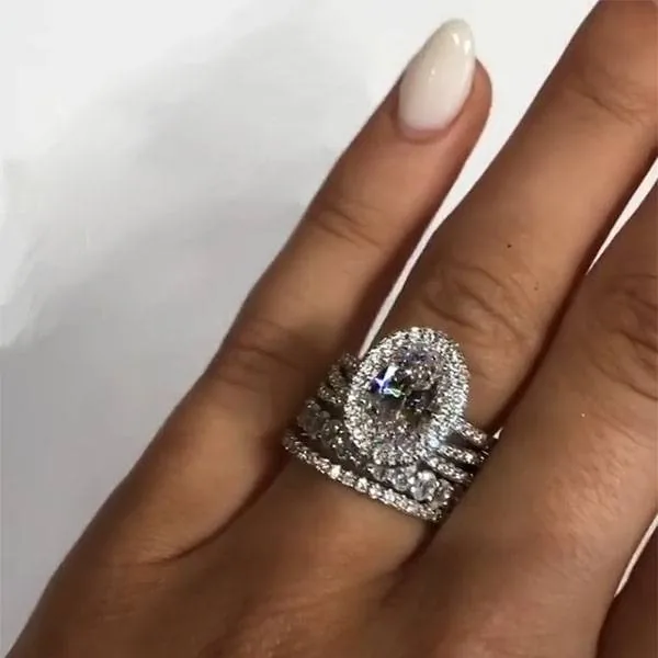 Handmade Halo 2 CT Oval Cut Engagement Ring with Five Bands