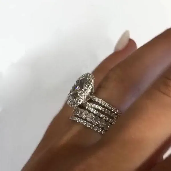 Handmade Halo 2 CT Oval Cut Engagement Ring with Five Bands