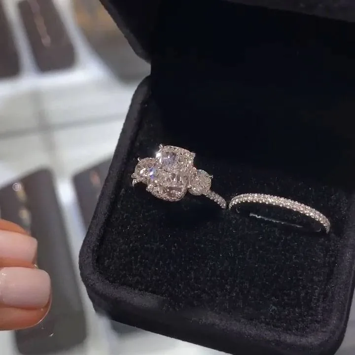 Handmade 3 ct Cushion Cut with 2 Round Shape Sidestones Engagement Ring Set