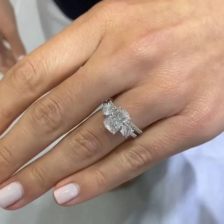 Handmade 3 ct Cushion Cut with 2 Round Shape Sidestones Engagement Ring Set